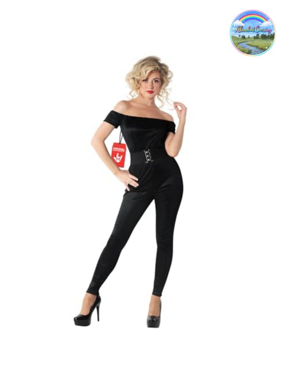 50s High School Sweetheart Costume Off-Shoulder Top Pants Belt Retro
